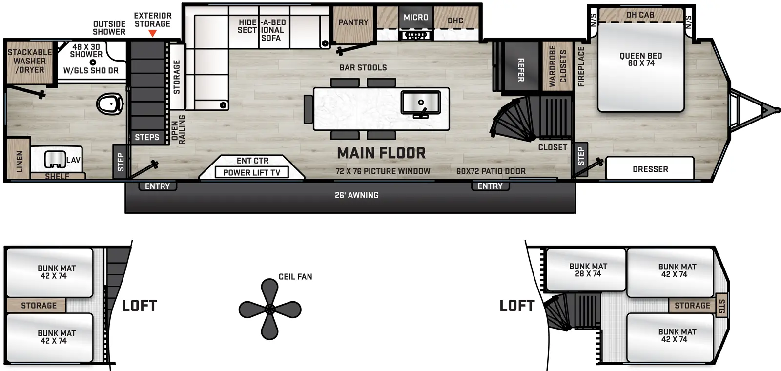 The Aurora 42CONDO floorplan has two entries and two slide outs. Exterior features include: metal exterior and 26' awning. Interiors features include: loft, kitchen island, front bedroom and rear bathroom.